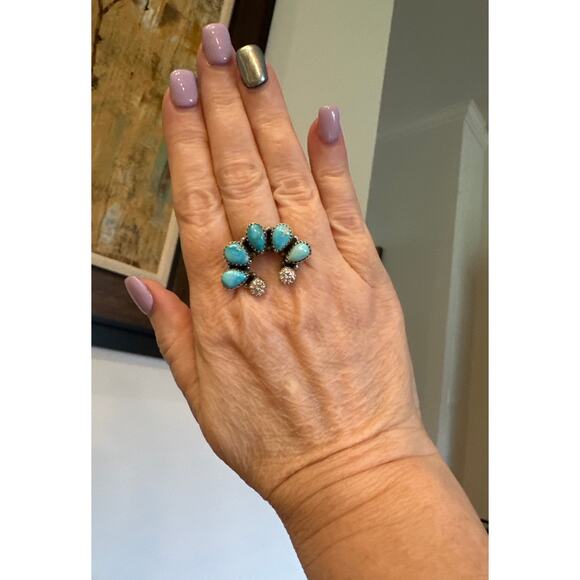 Bluebird Turquoise & Moissanite Diamond Naja Southwestern Ring Adjustable - Picture 3 of 6